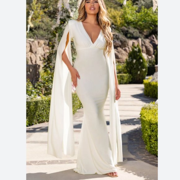 Club London Dresses Ivory Plunge Neck Maxi Dress With Cape Sleeves